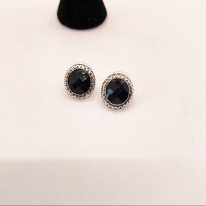 Simple Silver Scroll Design Earrings with Black Beaded Cabochon
